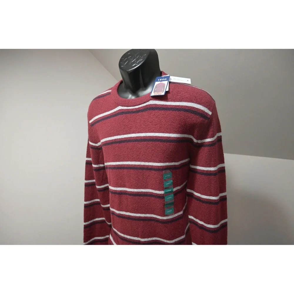 Izod Sweater Mens Large‎ Burgundy Striped Crewneck Cotton Blend Casual NWT